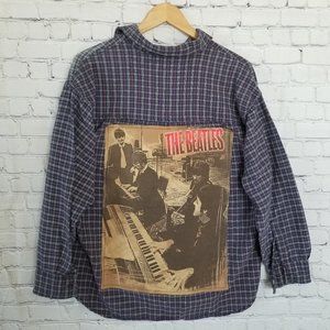 Upcycled Beatles Plaid Shirt XL Blue Brown Custom